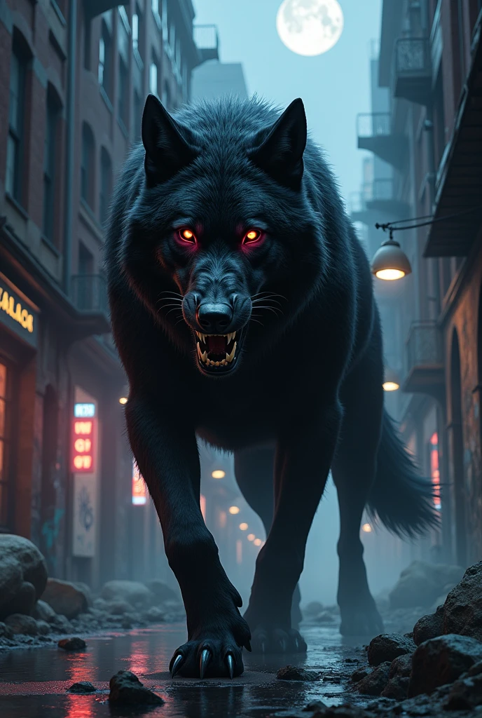 A big black wolf with red eyes in a city at night.
