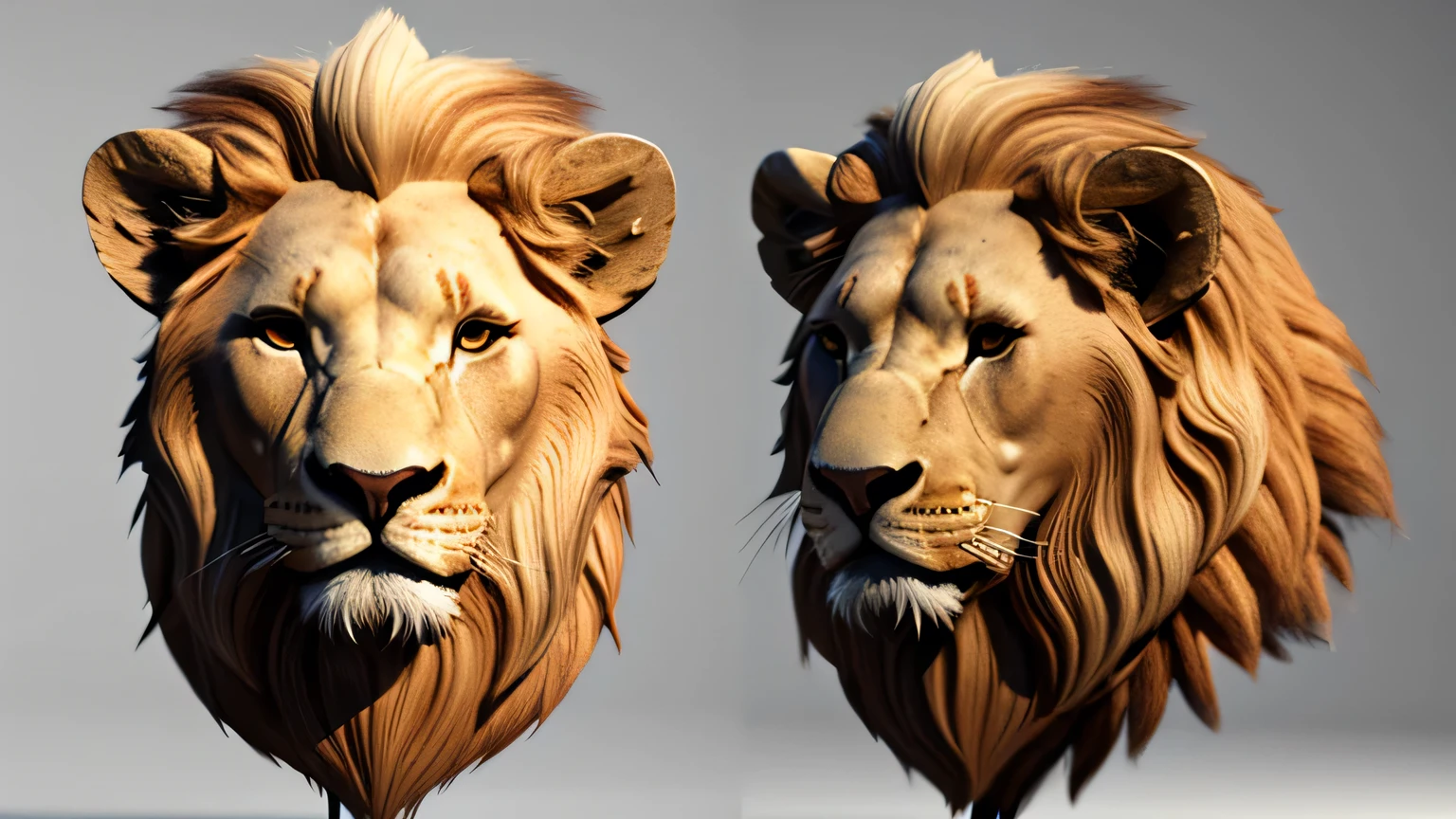 3d Lion head, with bray hair. Indicus cow head with strong horn luxury with white background design, ultra-wide 8k shot
