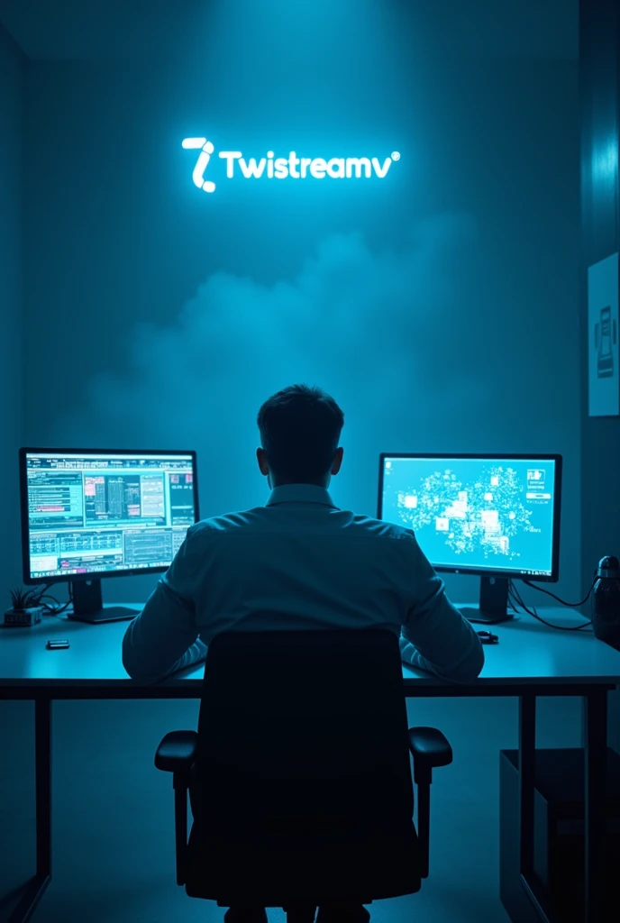 Il y a un homme assis à un bureau avec deux écrans d'ordinateur., éclairage bleu et cinématique, Post-production 8k, Post-production 8K, Éclairage bleu cinématographique, Post-production 8k, Post-production 8K, composition, Cyberpunk Clay, avec éclairage cinéma, éclairage aux couleurs cinématographiques, Prise de vue cinématographique, Rendu 3D 8K tir, Portrait pris en 8Kavec le logo de "Twistreamv en bleu "