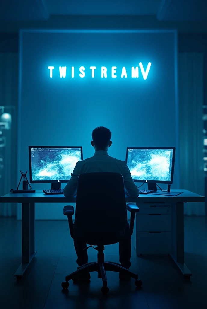 Il y a un homme assis à un bureau avec deux écrans d'ordinateur., éclairage bleu et cinématique, Post-production 8k, Post-production 8K, Éclairage bleu cinématographique, Post-production 8k, Post-production 8K, composition, Cyberpunk Clay, avec éclairage cinéma, éclairage aux couleurs cinématographiques, Prise de vue cinématographique, Rendu 3D 8K tir, Portrait pris en 8Kavec le logo de "Twistreamv en bleu "