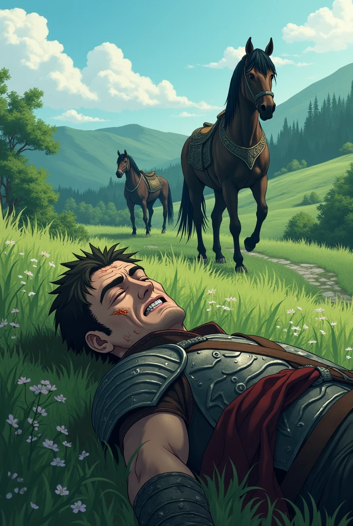 A wallpaper with Thorfine from the anime Vinland Saga injured ,on a greenery full ,with horses in war armor , and a big draft