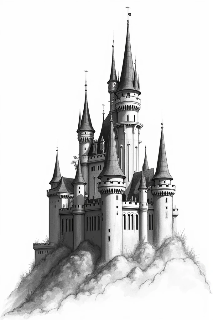 Black and white style drawing without shading castle