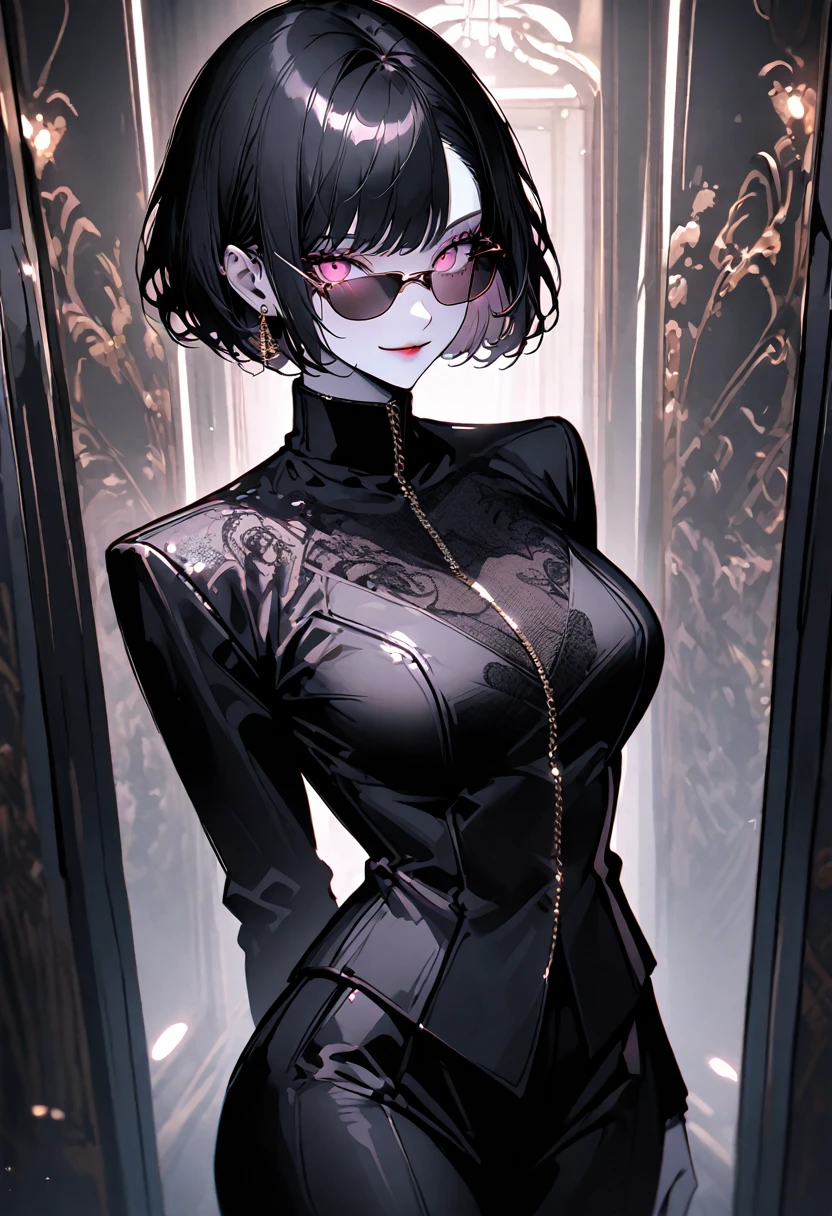solo, female, tall, elegant, sunglasses, Large breasts, broad shoulders, pixie cut, black hair, pink eyes, pale skin, athletic, very tall, sober feminine suit, black clothes, small smile, full body, luxurious hotel, classy, professional, close up
