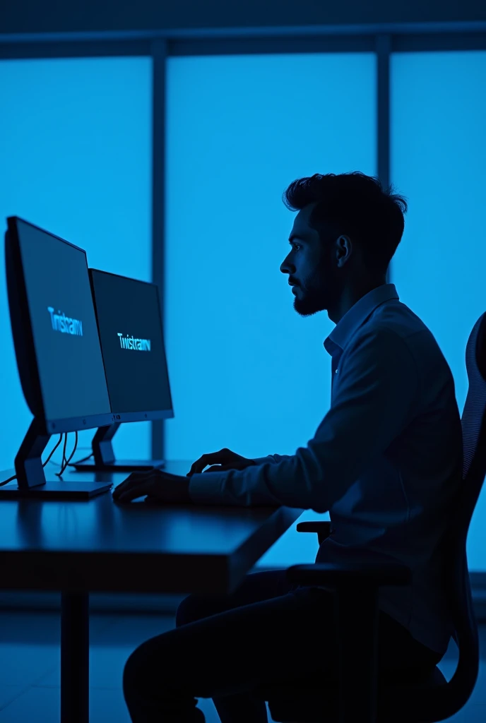 Il y a un homme assis de profil à un bureau avec deux écrans d'ordinateur., éclairage bleu et cinématique, Post-production 8k, Post-production 8K, Éclairage bleu cinématographique, Post-production 8k, Post-production 8K, composition, Cyberpunk Clay, avec éclairage cinéma, éclairage aux couleurs cinématographiques, Prise de vue cinématographique, Rendu 3D 8K tir, Portrait pris en 8Kavec le logo de "Twistreamv en bleu "
