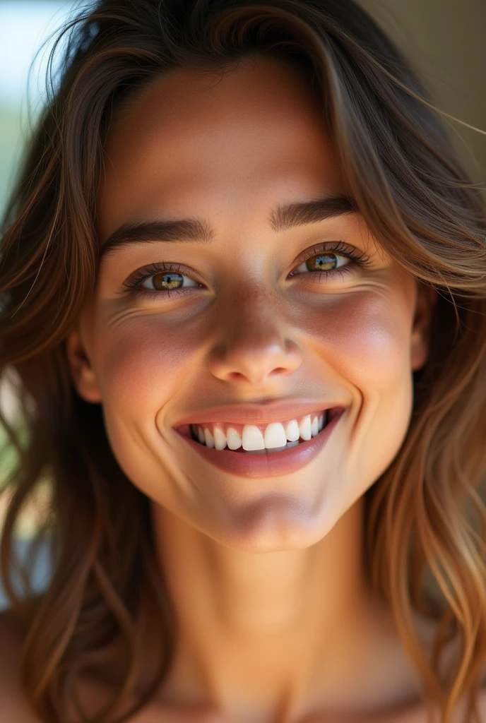 Generate a photo of a 25 year old girl's face smiling. real photografic.