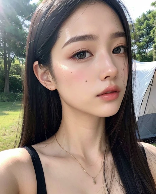 ((Surreal、Super detailed image, maybe a photo.,Captures the details of the skin texture of an incredibly beautiful woman.))long straight black hair。outdoor. Camping. Tend