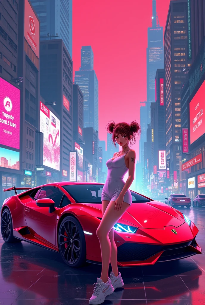 Create a stylish and modern image with a girl as the centerpiece。She is wearing trendy and futuristic clothes.、With confidence、Standing next to a gorgeous neon Lamborghini。Background、Cyberpunk cityscape、Lined with skyscrapers and digital billboards、A vibrant and colorful atmosphere。The overall mood is、ambition、dream、And make cryptocurrency wealth appealing.。
Two buns and chestnut hair color、Clear pink eyes。Wear a white dress。
Overall red image。Cool 2D girl、The entire illustration-style image fits within the frame。