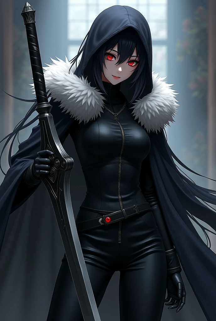 Trigression anime character wearing black clothes with white fur red eyes holding a sword