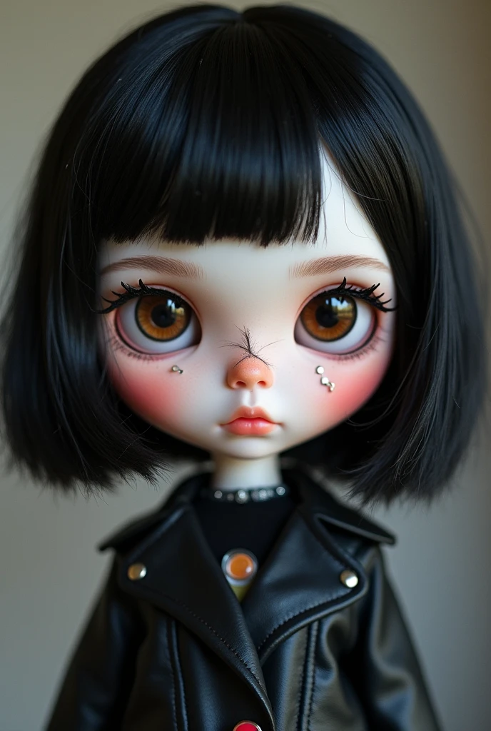 Create a blythe type doll with dark brown eyes and white skin PEARCING classic septum, short black hair mullet style and micro bangs