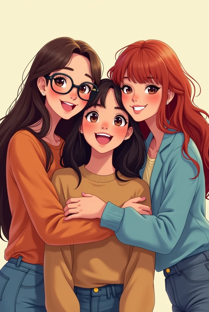 3 friends anime drawing version, taking a funny photo together hugging, A Chinese woman with long straight chocolate hair and glasses and brown eyes, The other is Latina, she has dark red hair with wavy bangs and brown eyes. The other is also Latina and has somewhat dark skin and long, messy wavy hair. Her hair is chocolate-colored with red highlights at the bottom of her hair.