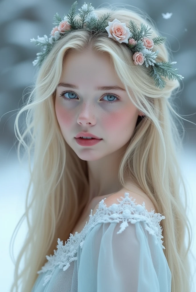 soft girl, quite sensitive, very pale, winter, Princess , the ice princesse because of his very fair complexion, soft features, quiet, very blond ling flowing hair, slender looking, too beautiful, , soft pink lips, pale blue icy eyes, cute and skinny but still very , most beautiful, Normandic features