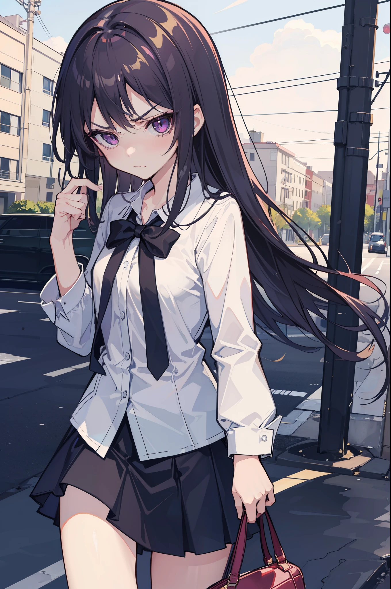 (best quality:1.2), (highest quality:1.2), (perfection:1.1), (flawless:1.1), urban street, 1girl, (disgusted look:1.1), angry look, disgusted mouth, (loli:1.1), blouse, skirt, (straight hair:1.1), small breasts, (best quality eyes:1.1), highly detailed, 8k, best quality resolution, (most beautiful upscale:1.1)