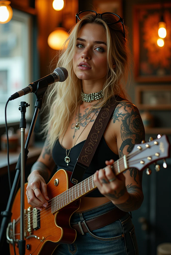 Beautiful Russian model, with 40 years old aprox, with blonde hair, who is a musician and has a jazz band, many tattoos and piercings, but is also a little bit hippie