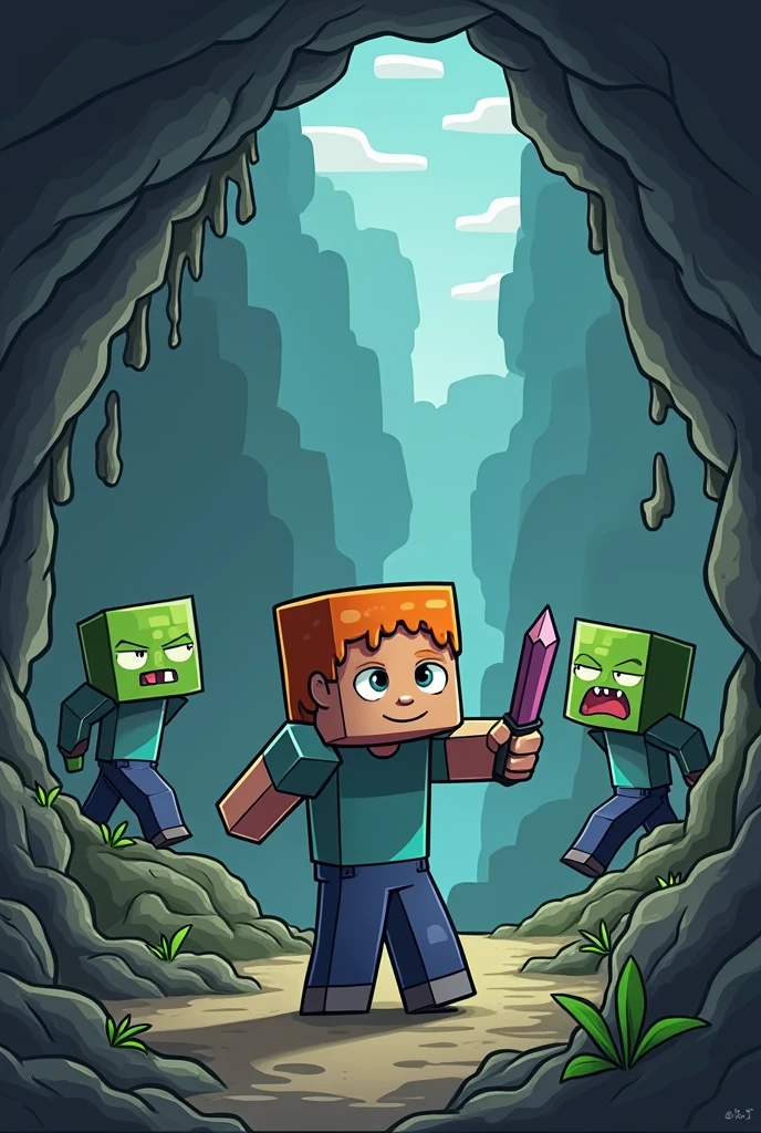 Create an image of a signature that says Alison T is inside a Minecraft cave and has cute zombies and creepers behind it