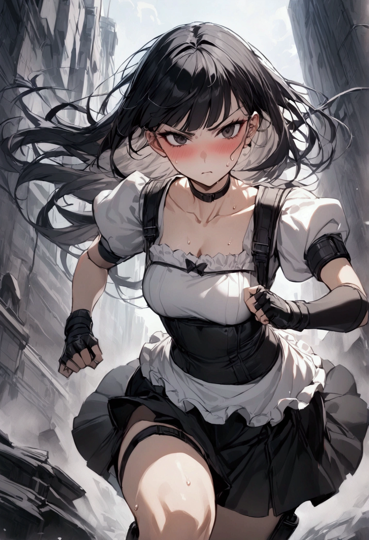 1girl solo,Female fighter ,maid outfit, collarbone, white puff sleeves, {{White short-sleeved puff-sleeved blouse:1.6}},black shoulder straps, black corset, black flared mini skirt, blunt bangs, black choker. Dynamic composition,{{fight}},{{masterpiece}}, {{{Highest quality}}},{{Very detailed}},holster ,Fight,,{{v-shaped eyebrows}},Bad mood,blush,Sweat,raise one's eyebrows ,Black hair Long hair,Blunt bangs ,cyberpunk ,Black fingerless gloves ,White frilled apron,school yard