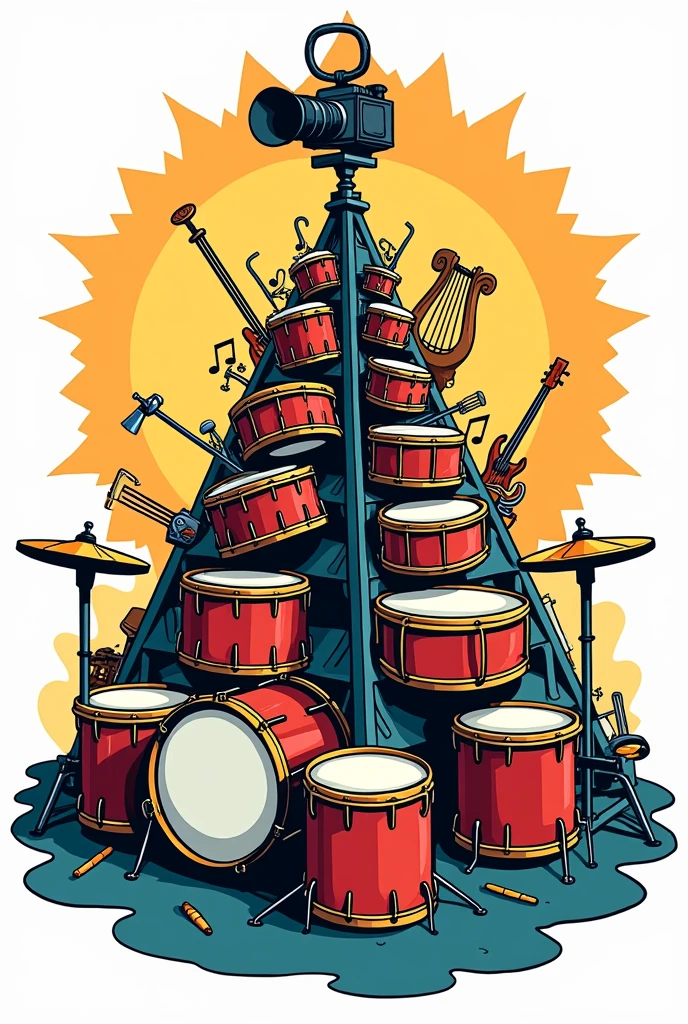 A comic style pyramid logo of percussion band instruments, with lyres and a camera above