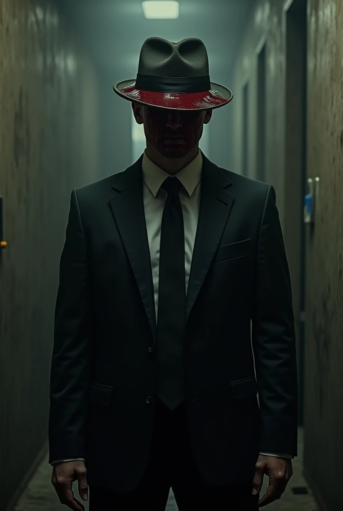 White man in suit, with a bloody hat covering his mouth