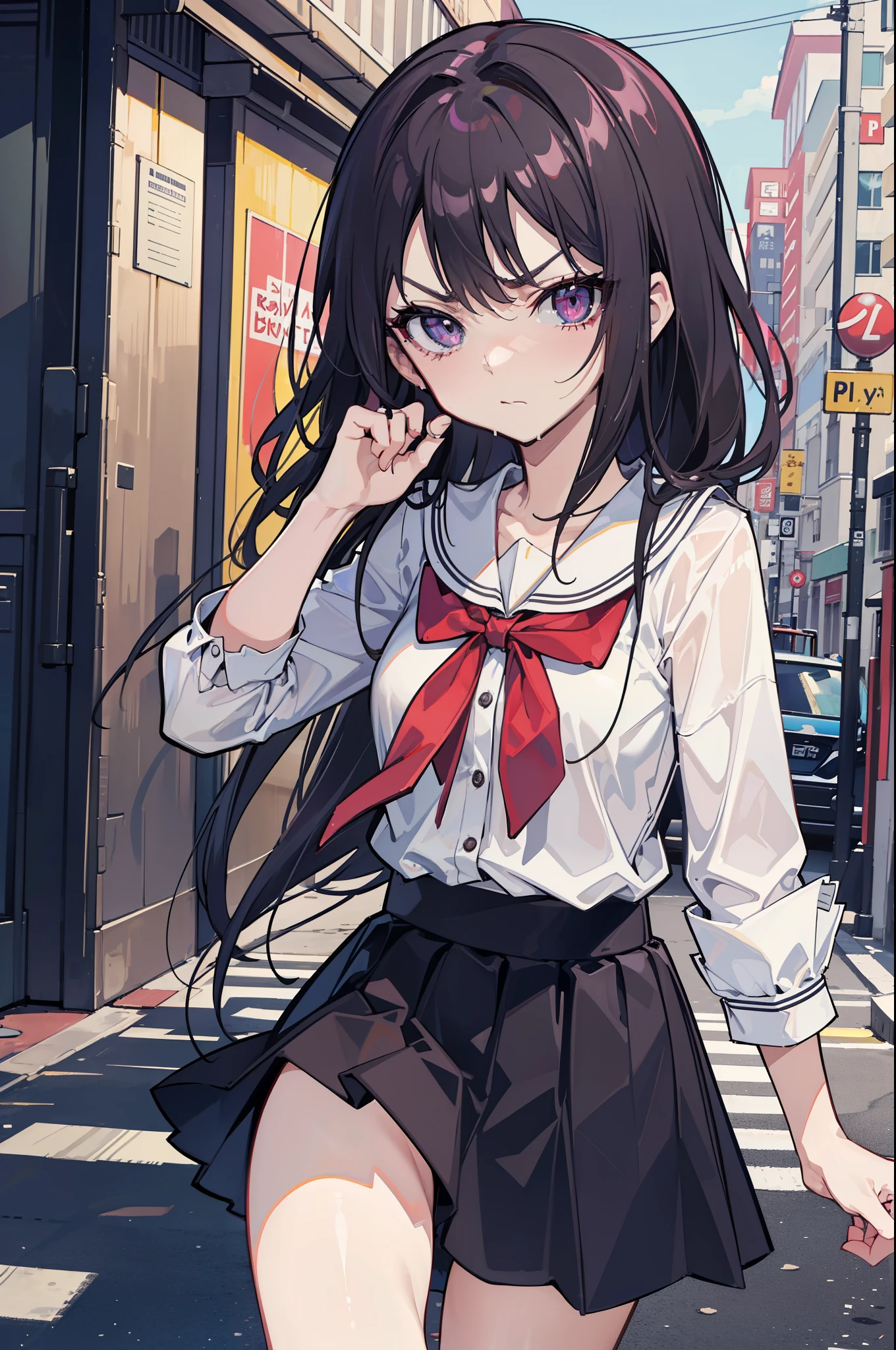 (best quality:1.2), (highest quality:1.2), (perfection:1.1), (flawless:1.1), urban street, 1girl, (disgusted look:1.1), angry look, disgusted mouth, (loli:1.1), blouse, skirt, (straight hair:1.1), small breasts, (best quality eyes:1.1), highly detailed, 8k, best quality resolution, (most beautiful upscale:1.1)