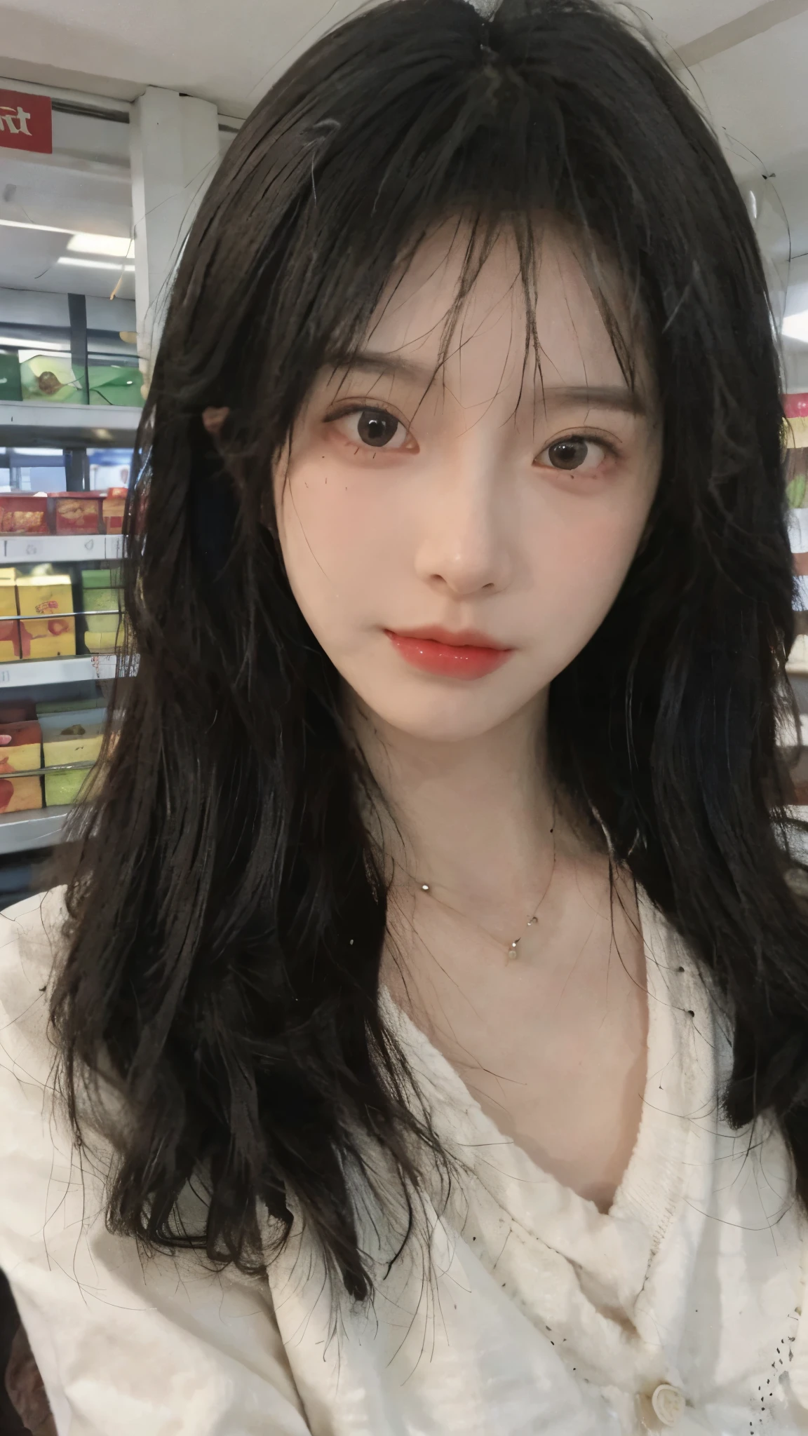 Best quality,Ultra-high resolution,(Realism:1.4),Cute hairpins,girll,Cropped black sweater,Look directly at the audience,Full of atmosphere,Beautiful woman with a slim figure:1.4,supermarket,whole body,Super delicate face,Exquisite eyes,Double eyelids,necklace
