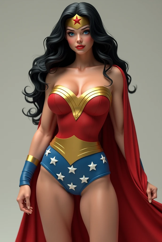 A HYPER ULTRA MUSCULAR FEMALE BODY BUILDER, WITH LONG BLACK HAIR, BLUE EYES, WITH A SEXY BODY, WEARING A CLASSIC 1960 LYNDA CARTER WONDER WOMAN COSTUME AND RED CAPE. ABSURD 8K RESOLUTION, INCREDIBLY DETAILED SKIN AND EYES,