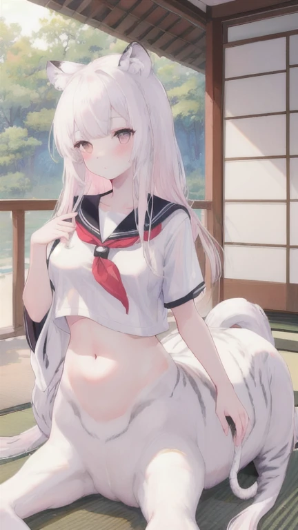 (best quality, masterpiece), 1 girl, centaur, I beg, White skin, Japanese schoolgirl,daughter,black pink, exposing the abdomen, belly button t-shirt , beautiful girl perfect, White tiger photo, 완벽한 White tiger photo