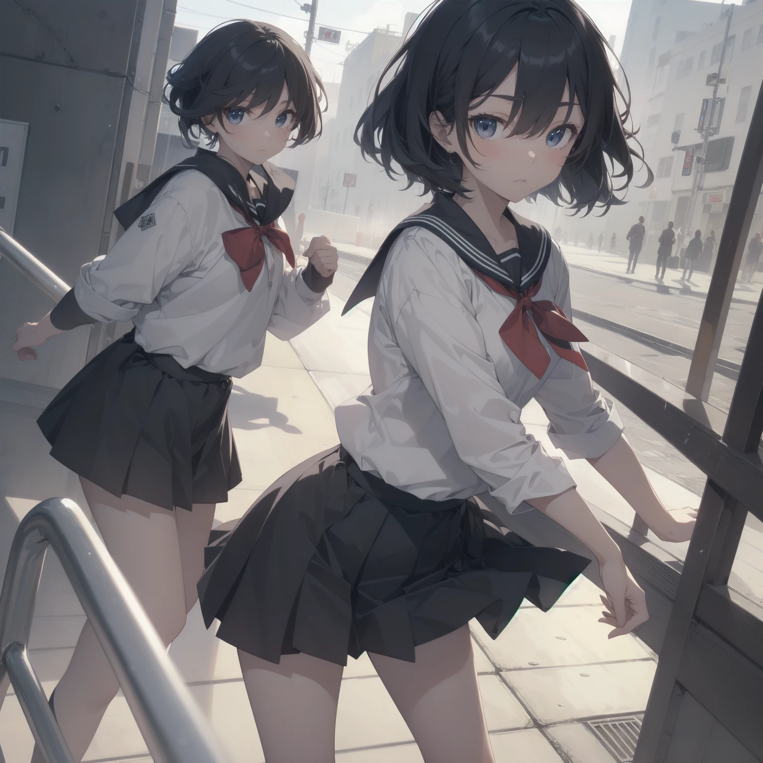 ultra-absurdres-Top quality by artist God, ultra-detailed, high resolution, anime moe artstyle, best anime 8k konachan wallpaper, pixiv contest winner, pool:2810, perfect anatomy,break, 1girl, (Please draw a girl walking sleepily to school alone. )break,(Solo,little female, 13-year-old:1.3),Full limbs, complete fingers,a junior high school student, (very short hair), short cut, flat chest, , small butt, small black eyes, beautiful detailed eyes, well-proportioned iris and pupils, expressive eyes, highres detailed hair, soft expression, salor school_uniform, sailor collar, serahuku, bow, pleated skirt,(Detailed Lighting), (Detailed background), in the School commute route. break,super detailed skin, Best cinematic lighting powered by famous artist, 8k,beauty illustration,photoshop_(medium),very aesthetic,break,((artist:shimazaki_mujirushi )), artist:clamp ,artist:carnelian ,artist:kantoku ,