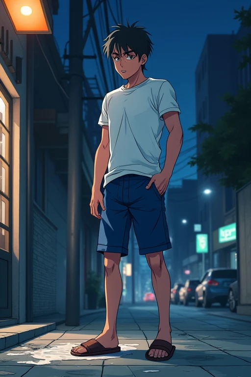night city, whitr T-shirt, a slender and mascular young man in his blue short pants is pissing himself. there's a urinate stain on the centre of his pants. Urinate is dripping down from his pants. There's a pee puddle at his feet. He looks scared. He is threatened by a robbery with a knife. Anime.