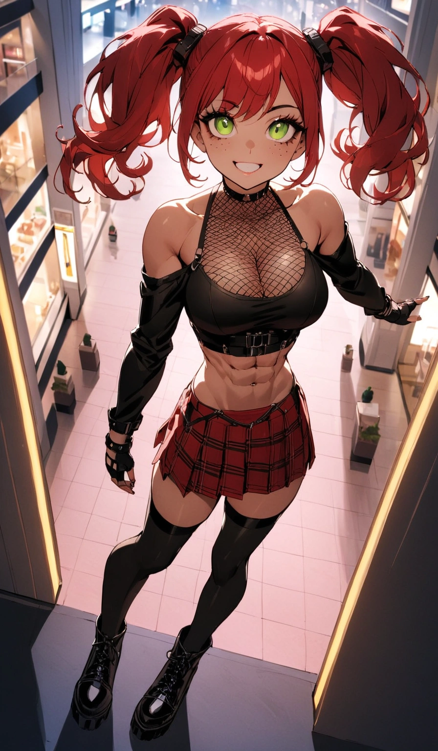 woman, grin, curly red hair in pig tails, green eyes, black eyeshadow, wearing crop top black shirt, long black jacket, red plaid skirt, black knee high boots, black fingerless gloves, exposed shoulders, large breasts, freckles, abs, cleavage, looking up at viewer, cinematic lighting, masterpiece, best quality, Holo-Punk Style, at the mall, make up, eyelashes, fish net undershirt, fish net stockings, (full body)