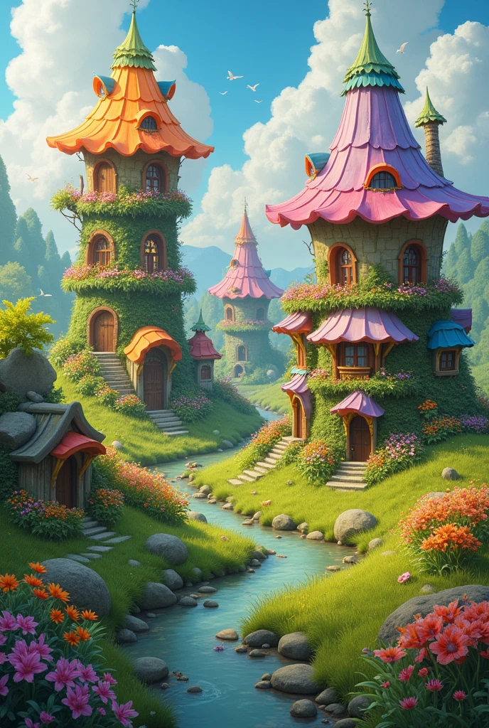 Small fantasy town with houses made of giant, multi-colored flowers on the meadow and people living in them similar to Faritopia