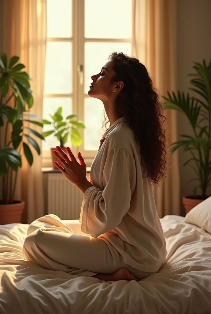 (photorealism: 1.2), simple woman, sitting on bed, wearing a loose blouse with covered shoulders, pajama pants, long curly hair, praying on her knees feeling the presence of the Holy Spirit of GOD indoor environment, soft lighting, plants in the background, window with sunlight, cozy room, relaxed pose, realistic, intricate details, warm colors, by Greg Rutkowski, by Alphonse Mucha
