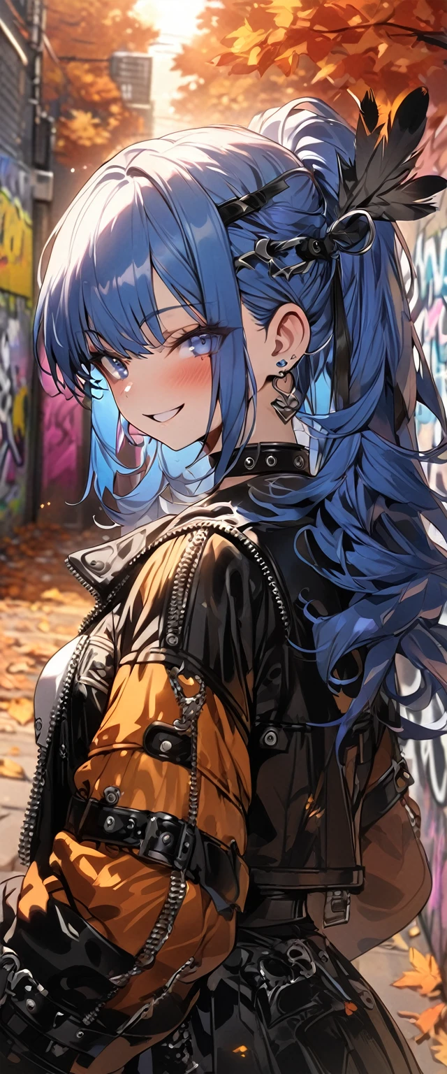 masterpiece, high resolution, 4K, anime girl, long hair, blue hair, bright light blue eyes, punk outfit, smiling face, ((black feathers)), graffiti wall background, autumn season atmosphere, night sky
