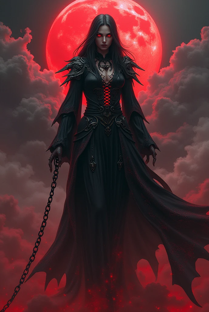 Piscara Hell Goddess, lady of dreams and the depths of hell. She guides the dead through visions and intuitions helping them find the truth.. Cloud clothes. Eyes red. chains. red and black