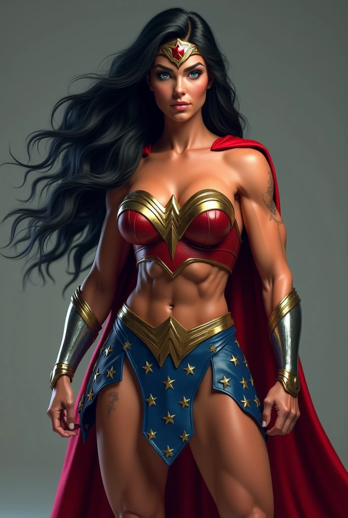 A HYPER ULTRA RIPPED MUSCULAR FEMALE BODY BUILDER, WITH LONG BLACK HAIR, BLUE EYES, WITH A SEXY BODY, WEARING A CLASSIC 1960 LYNDA CARTER WONDER WOMAN COSTUME AND RED CAPE. ABSURD 8K RESOLUTION, INCREDIBLY DETAILED SKIN AND EYES,