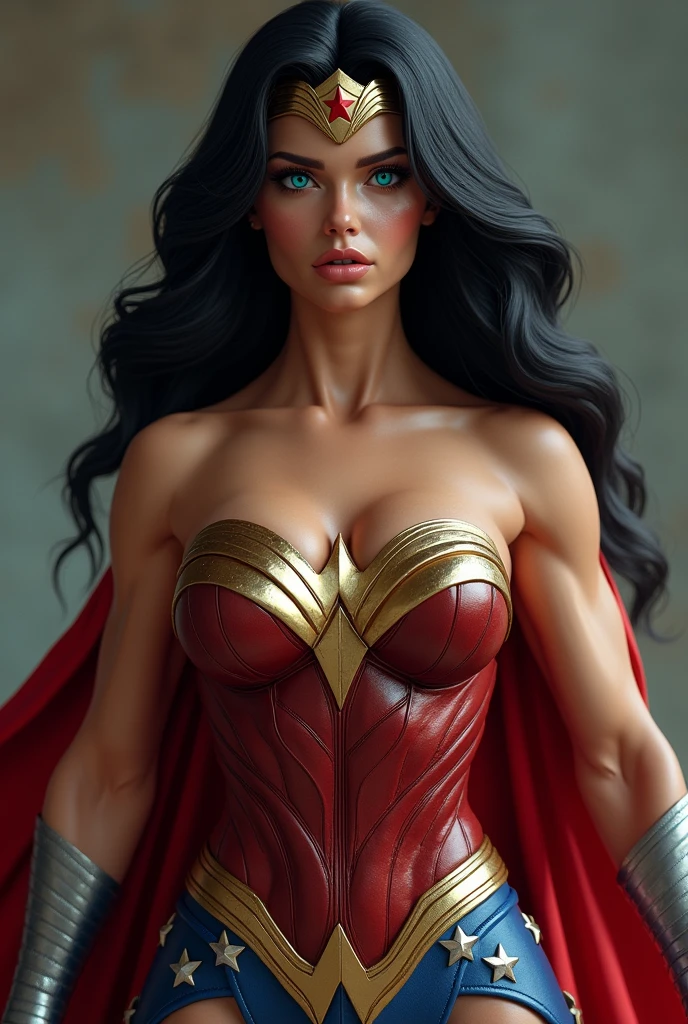 A HYPER ULTRA RIPPED MUSCULAR FEMALE BODY BUILDER, WITH LONG BLACK HAIR, BLUE EYES, WITH A SEXY BODY, WEARING A CLASSIC 1960 LYNDA CARTER WONDER WOMAN COSTUME AND RED CAPE. ABSURD 8K RESOLUTION, INCREDIBLY DETAILED SKIN AND EYES,