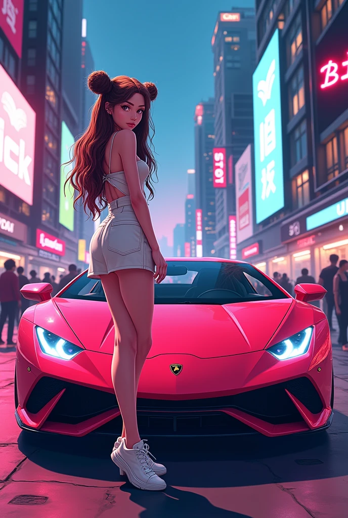 Create a stylish and modern image with a girl as the centerpiece。She is wearing trendy and futuristic clothes.、With confidence、Standing next to a gorgeous neon Lamborghini。Background、Cyberpunk cityscape、Lined with skyscrapers and digital billboards、A vibrant and colorful atmosphere。The overall mood is、ambition、dream、And make cryptocurrency wealth appealing.。

Two buns and chestnut hair color、Clear pink eyes。Wear a white dress。

Overall red image。Cool 2D girl、The entire illustration-style image fits within the frame。