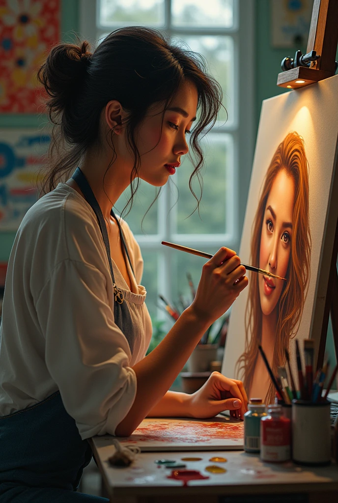 a picture of an artist in a small studio painting a beautiful woman with long hair and a pale smile, around the artist there are several paintings and painting tools. around looked messy