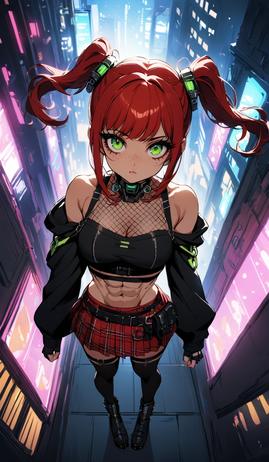 woman, stoic, curly red hair in pig tails, green eyes, black eyeshadow, black hoodie, red plaid skirt, black knee high boots, black fingerless gloves, exposed shoulders, medium breasts, freckles, abs, cleavage, looking up at viewer, cinematic lighting, masterpiece, best quality, Holo-Punk Style, cyber punk city, make up, eyelashes, fish net undershirt, fish net stockings, (full body)