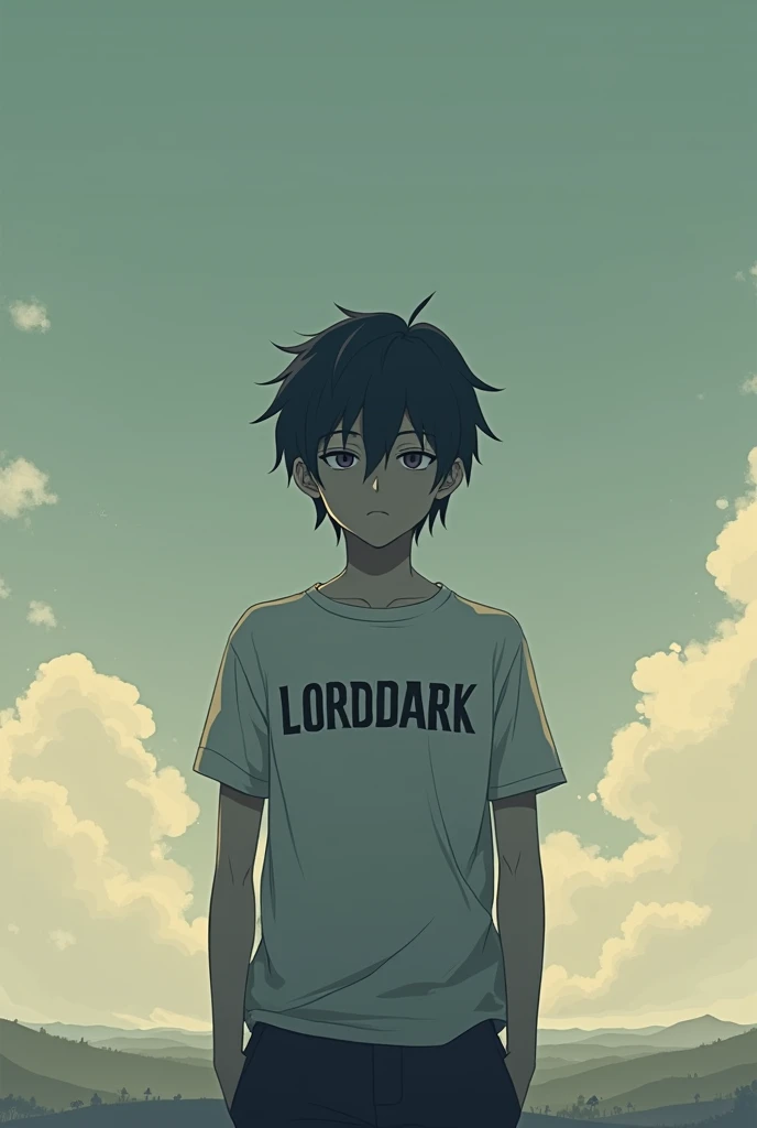 I want an anime turned around and with the shirt saying lorddark and the background all with spaces
