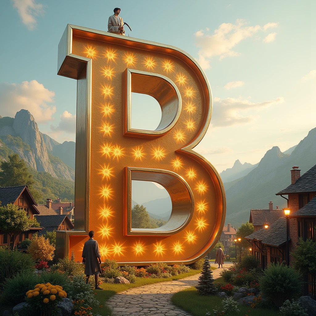Bright Shining Letter B like hollywood but on a big village and around little humans