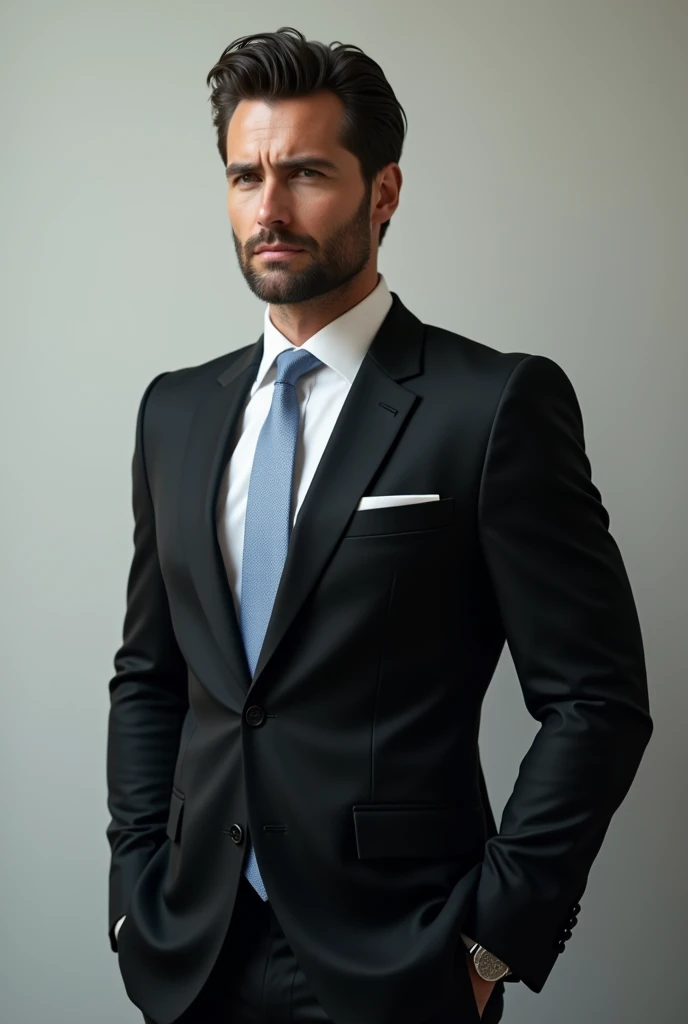 Masculine man black suit light blue tie and white shirt neutral background