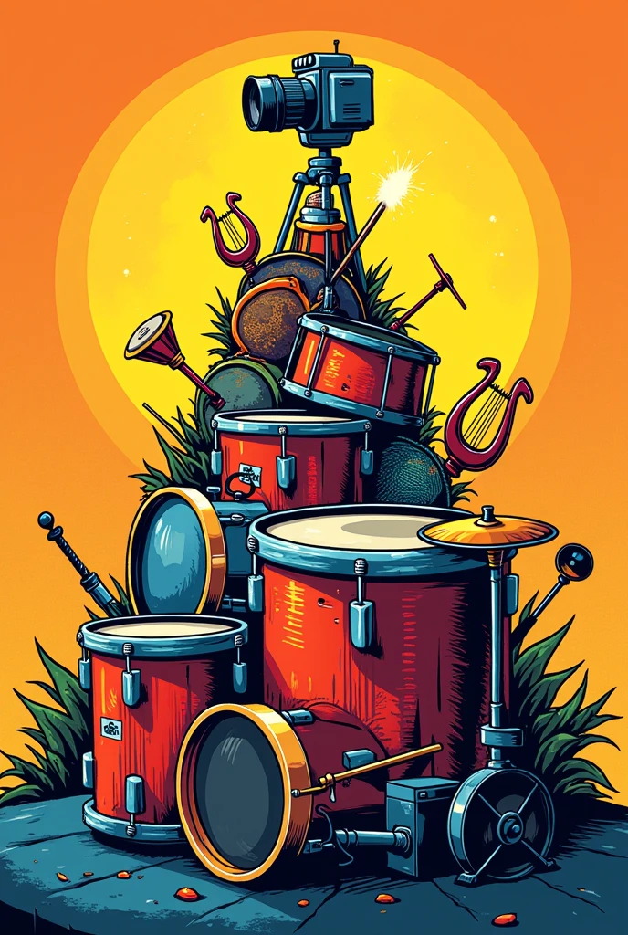 A comic style pyramid logo of percussion band instruments with lyres and a camera above