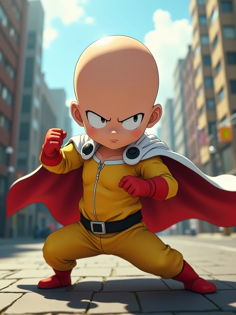 A photorealistic image of a baby version of Saitama from One Punch Man, in a fighting pose, with a serious expression on his face. He is wearing his signature yellow jumpsuit and cape, and is standing in a city street. The image should be in a high-resolution, with a cinematic lighting effect.