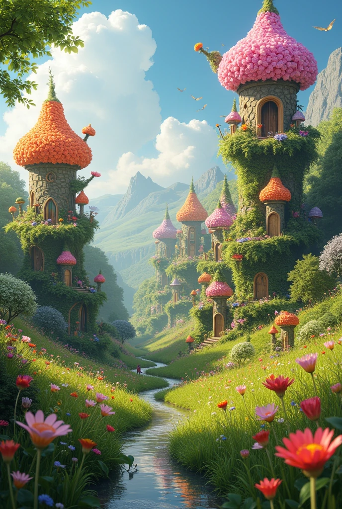 Small fantasy town with houses made of giant, multi-colored flowers on the meadow and people living in them similar to Faritopia