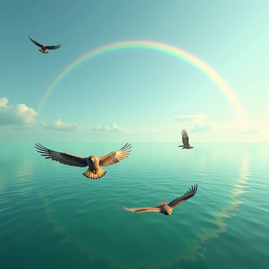 (photorealism:1.2) ,  a green and calm ocean , a rainbow with flying hawks in the foreground 