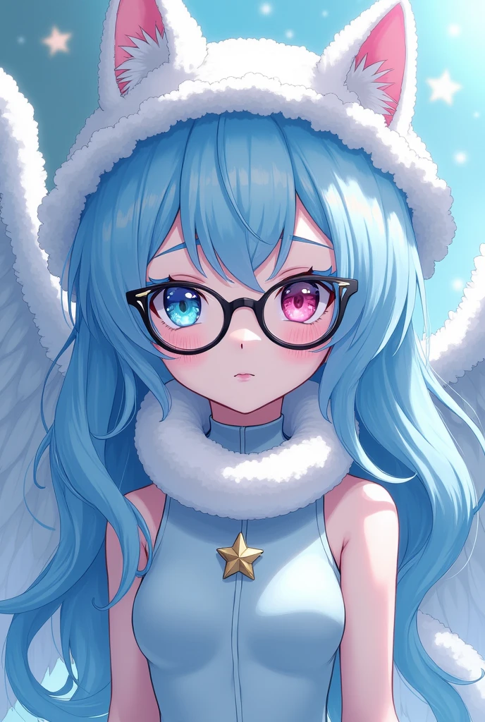 anime girl, pale white complexion, one sky blue eye and the other pink, black reading glasses, white cat hat, sky blue clothes tight to the body, large fluffy sky blue wings, a white snake on the neck, a white star pin, cute 18 year old girl, sky blue hair, long and a little wavy