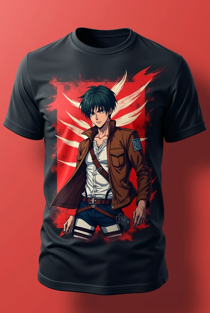 Create a high-quality image of a t-shirt with a bold and stylish design. The shirt should feature a large, centered graphic of Levi  from Attack on Titan. The character/logo should be detailed, vibrant, and true to the original style of the anime, set against a solid, contrasting background color that complements the design. The t-shirt should be shown in a standard crew-neck style, available in a variety of colors, but the design should remain consistent across all variations. The image should showcase the t-shirt on a plain background, with the shirt clearly visible, focusing on the front design. Ensure the lighting and shadows are realistic, and the design pops off the shirt, making it visually appealing for anime fans.