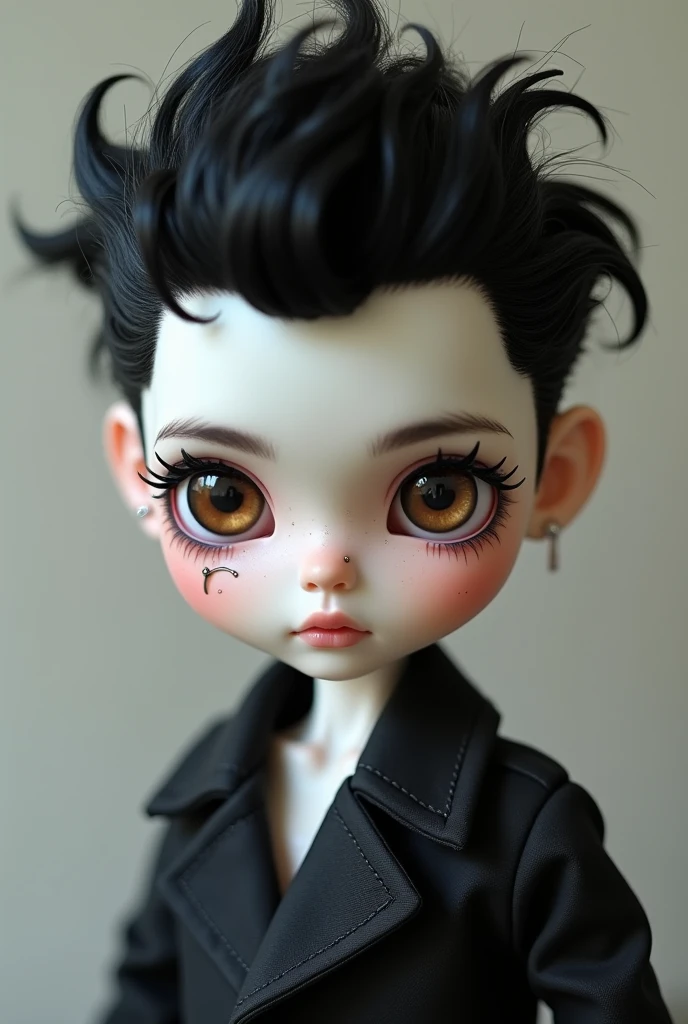 Create a blythe type male doll with dark brown eyes and white skin and septum piercing, short black mullet style hair