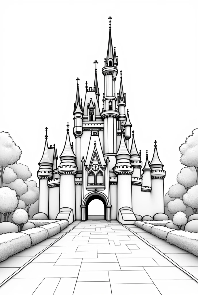 Black and white style drawing without shading disney castle with garden