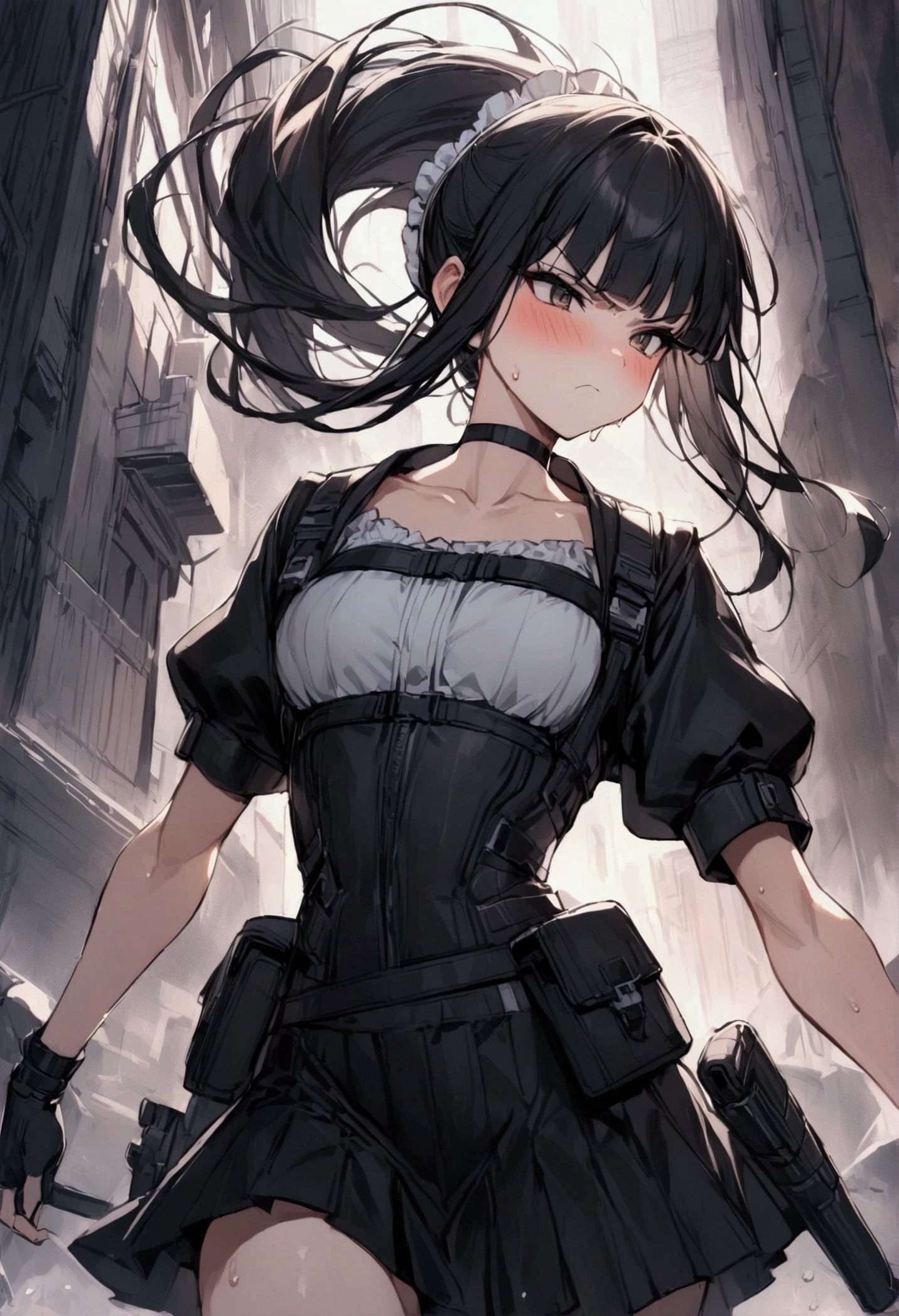 1girl solo,Female fighter ,maid outfit, collarbone, white puff sleeves, {{White short-sleeved puff-sleeved blouse:1.6}},black shoulder straps, black corset, black flared mini skirt, blunt bangs, black choker. Dynamic composition,{{fight}},{{masterpiece}}, {{{Highest quality}}},{{Very detailed}},holster ,Fight,,{{v-shaped eyebrows}},Bad mood,blush,Sweat,raise one's eyebrows ,Black hair Long hair,Blunt bangs ,cyberpunk ,Black fingerless gloves ,White frilled apron,school yard