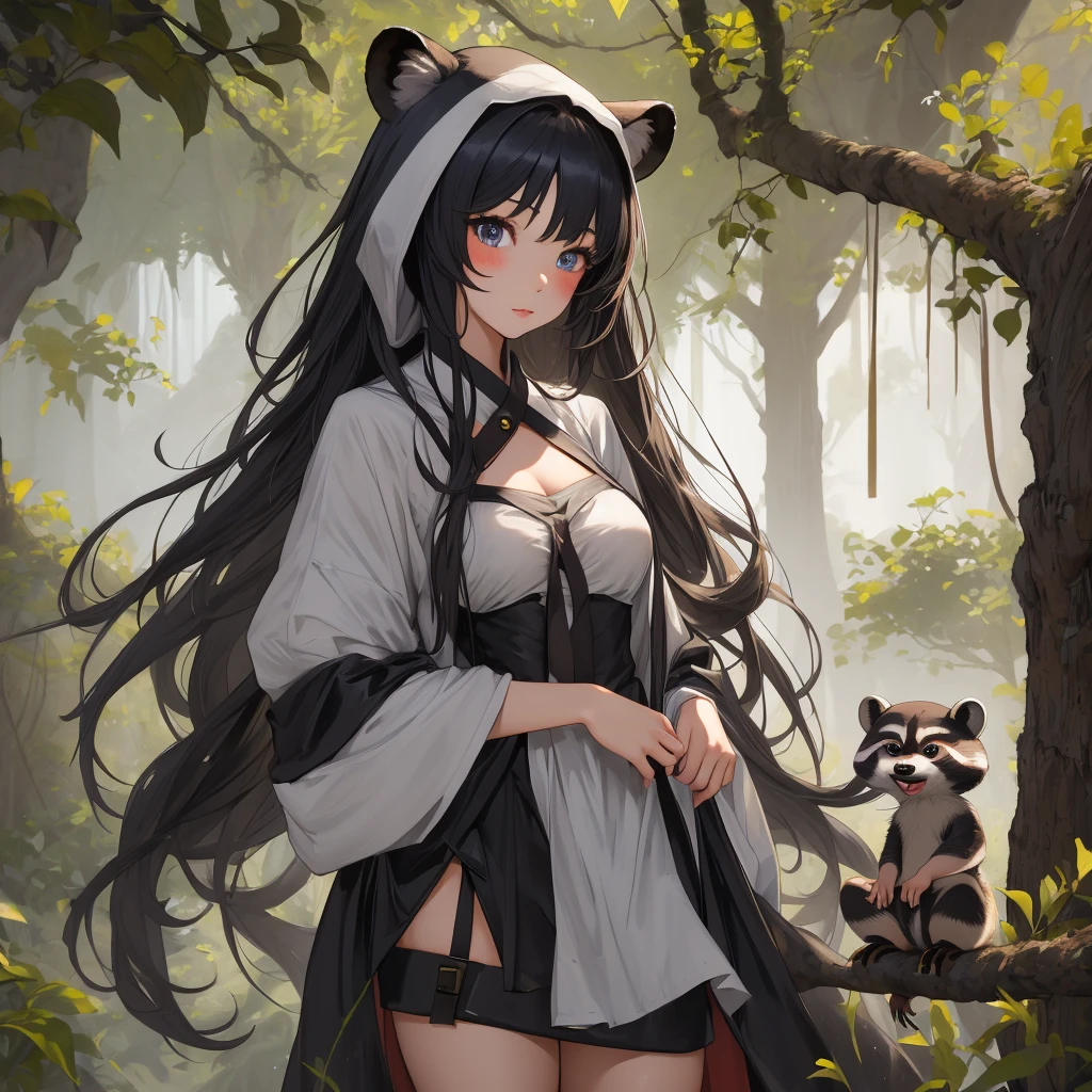 masterpiece, best quality, girl in cosplay of raccoon, girl as raccoon